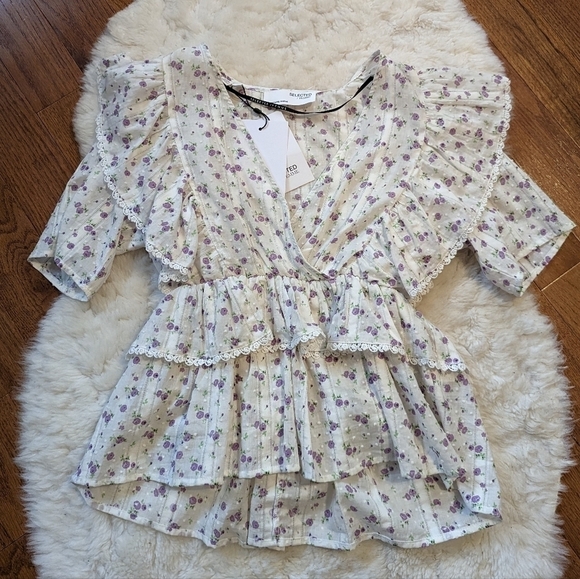Selected FEMME Susy Ruffled floral blouse top 34 xs - Picture 11 of 16